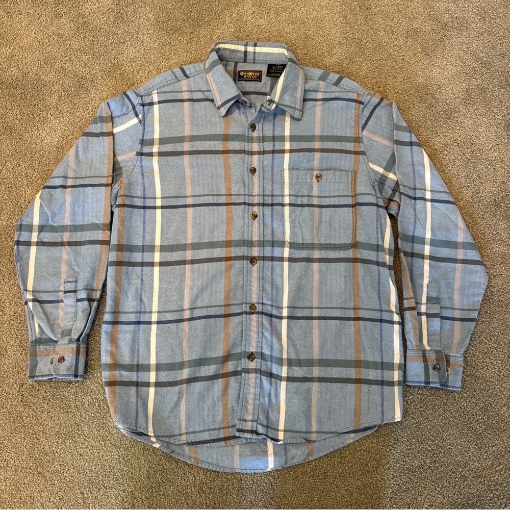 Vtg OshKosh B'Gosh Shirt Mens Lg Plaid Flannel Long Sleeve Button Front Casual